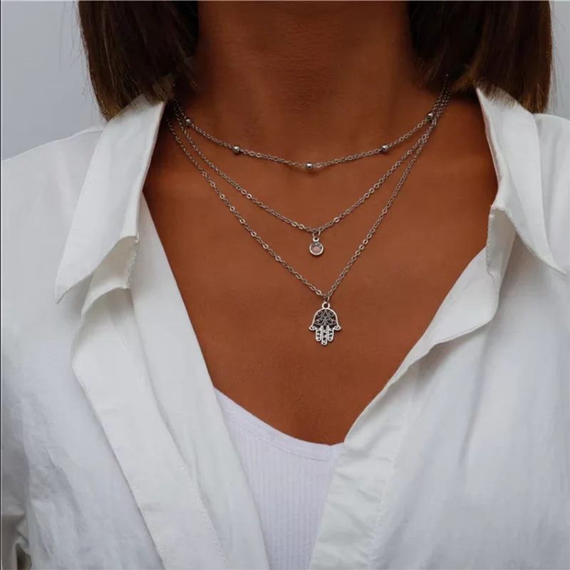 Vintage Multi Layered Moon Coin Moon Hamsa Hand Chain Necklaces for Women Boho Elephant Hearts Pendants Necklaces Jewelry