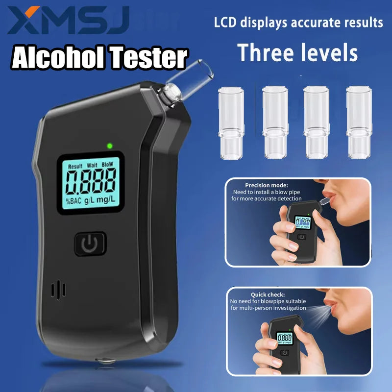 XMSJ Portable Alcohol Breath Tester Digital LCD Display Breathalyzer Detector Blowing Detection Drunk Driving with 5 Mouthpieces
