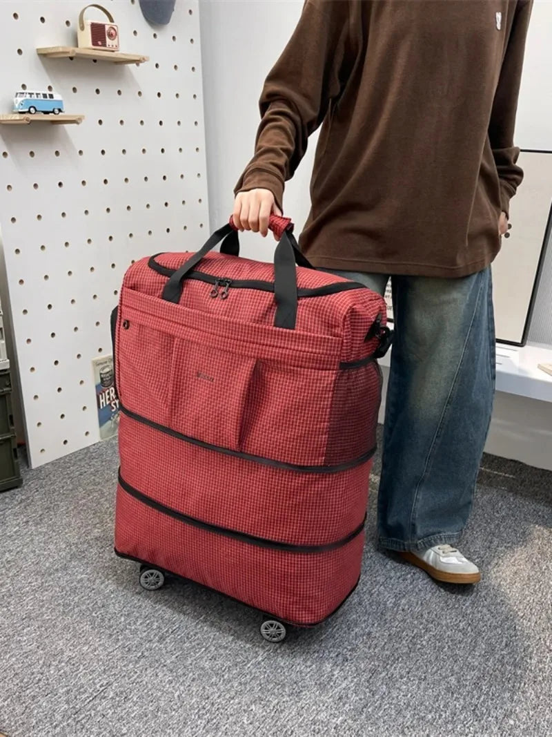 Large Capacity Double Expandable Rolling Travel Bag Oxford Foldable Wheeled Duffle Multi-purpose Commute Luggage Storage Handbag