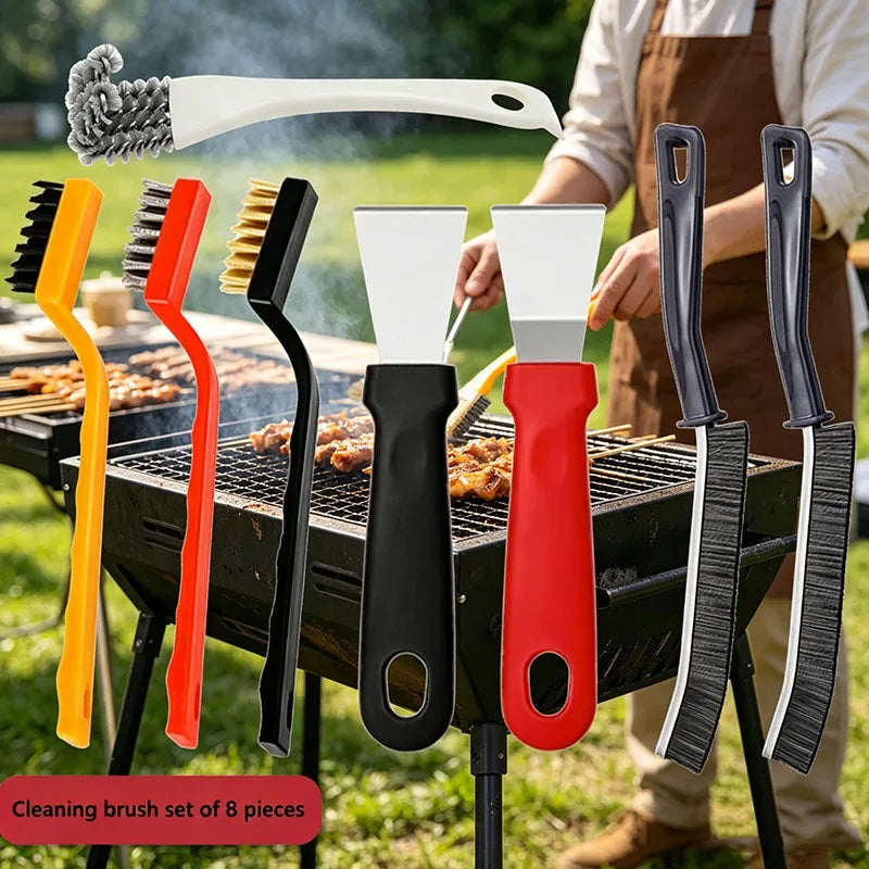 8Pcs Multi-Purpose Grill Cleaning Brush Set BBQ Wire Brushes  Scraper Camping Cooking Accessories Kitchen Grease Remover Tools