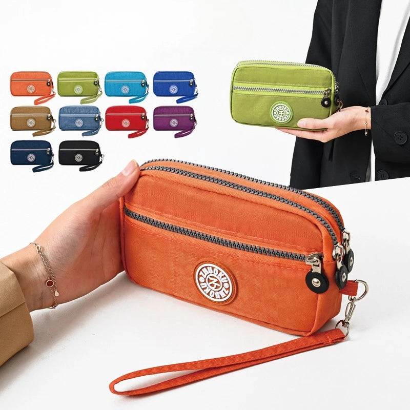2026 New Clutch Women's Bag Three-Layer Zipper Mini Nylon Cloth Solid Color Mobile Phone Bag Coin Purse