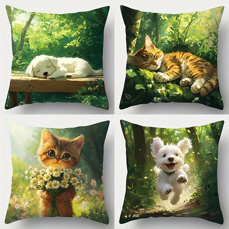4-Piece Spring Printed Pillowcase Set – Featuring Puppies, Kittens, Forest Scenes & Daisies