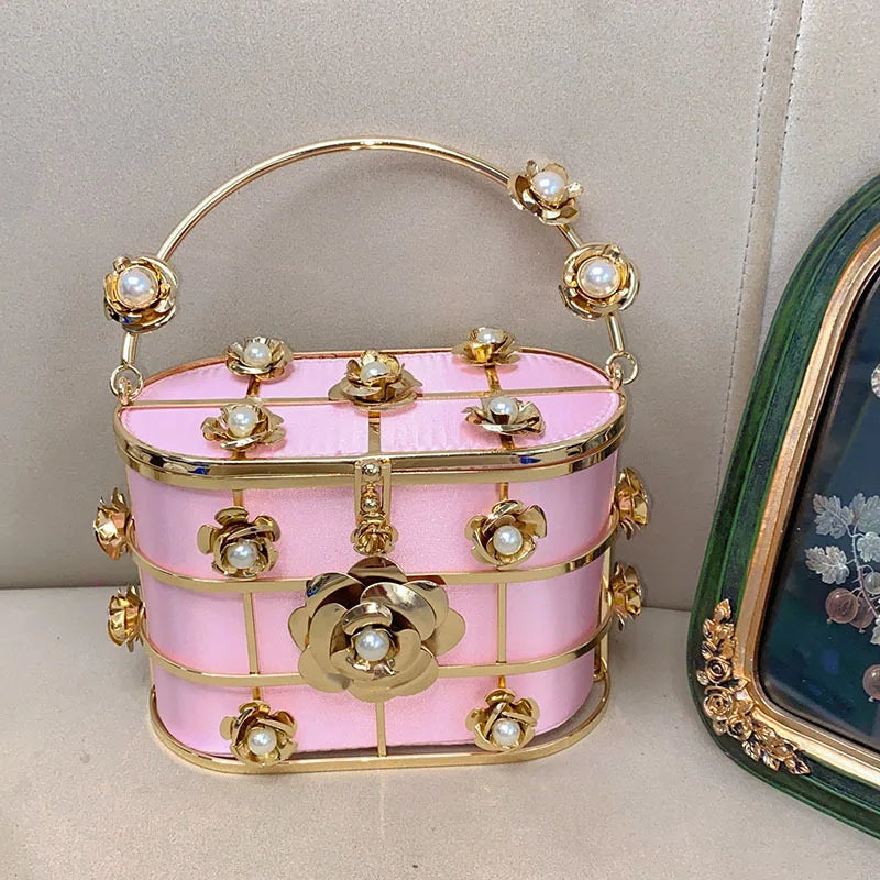 Metallic Evening Bag Flower Handbag Hollow Out Womens Bag Luxury Design Rhinestone Diamond Dinner Bags For Party Wedding Bag