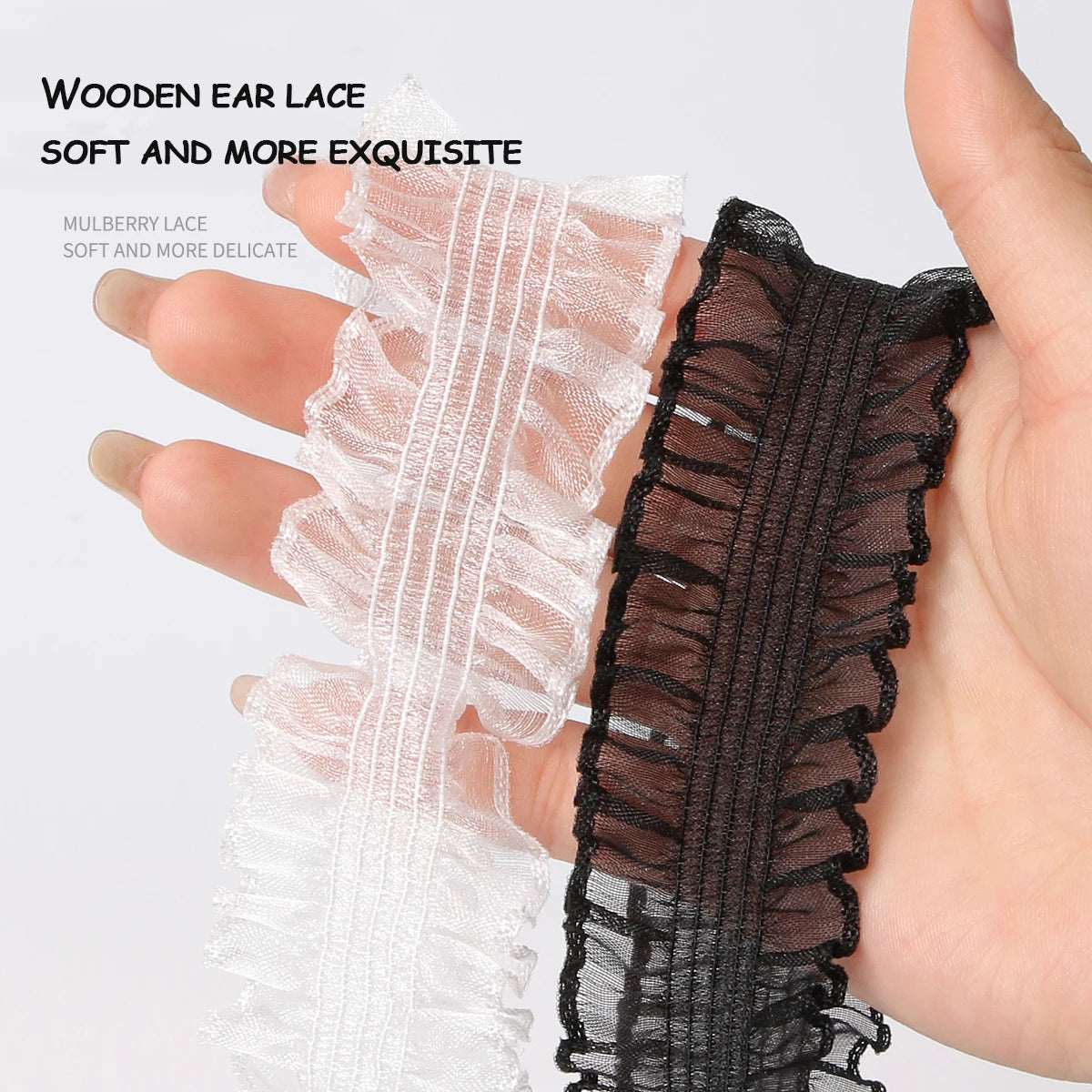 1 pairs Elastic Lace Shoelaces with Ruffled Trim - Fairy wind shoelaces with wooden ear edge（white/black）