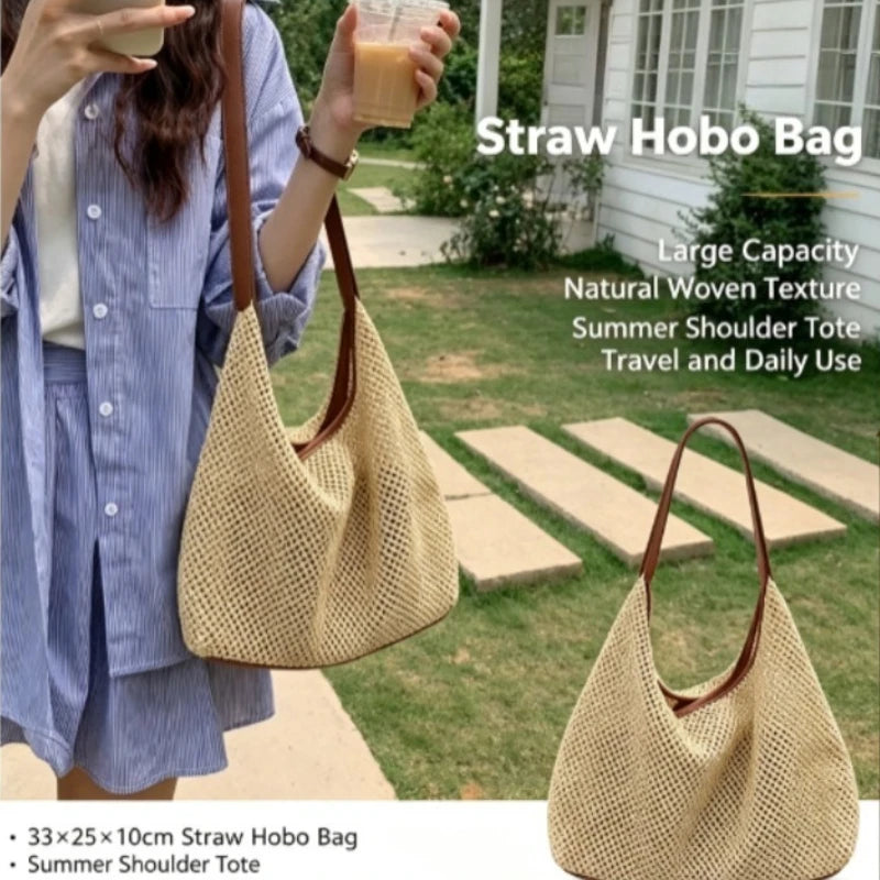 Niche Vacation Style Hand Woven Bag for Women, Summer Seaside Straw Beach Tote Bag, Versatile Commute Single Shoulder Handbag