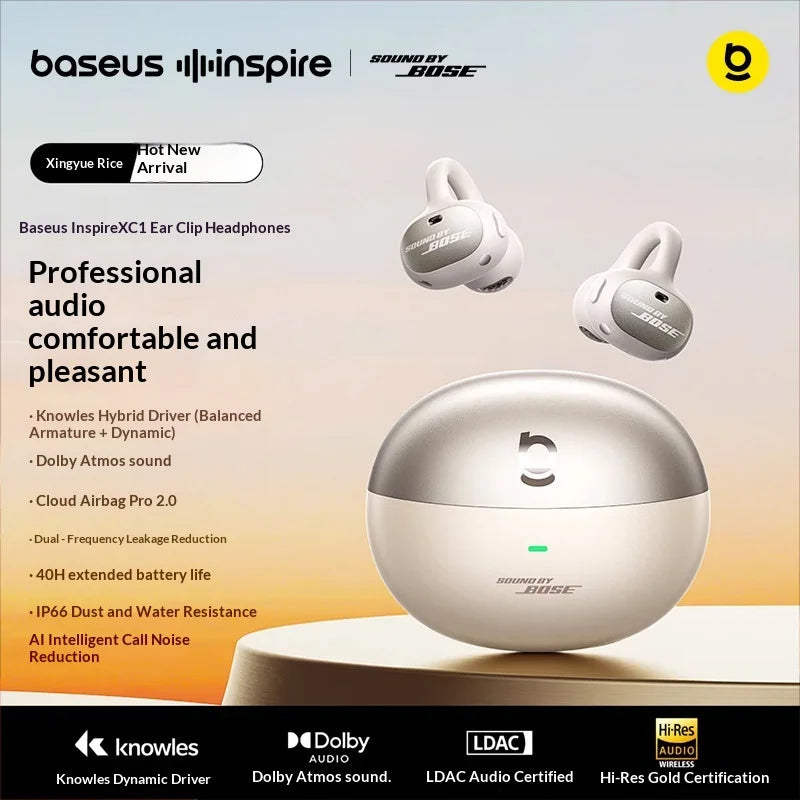 Baseus Inspire XC1 Open Ear Clip Bluetooth Headphones Knowles Hybrid Dual Driver Hi Res Audio LDAC Certified Dolby Audio