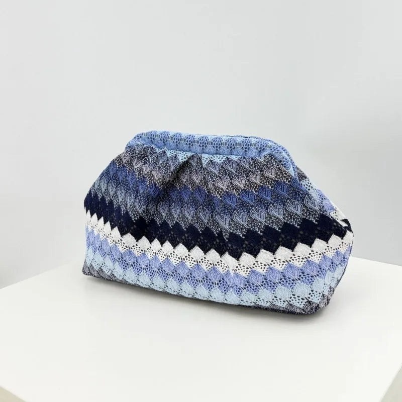 2026  Knitted Zigzag Pattern Clutch Bag Ethnic Style Bohemian Summer Pleated Cloud Clasp Bag Versatile Holiday Beach Evening Bag