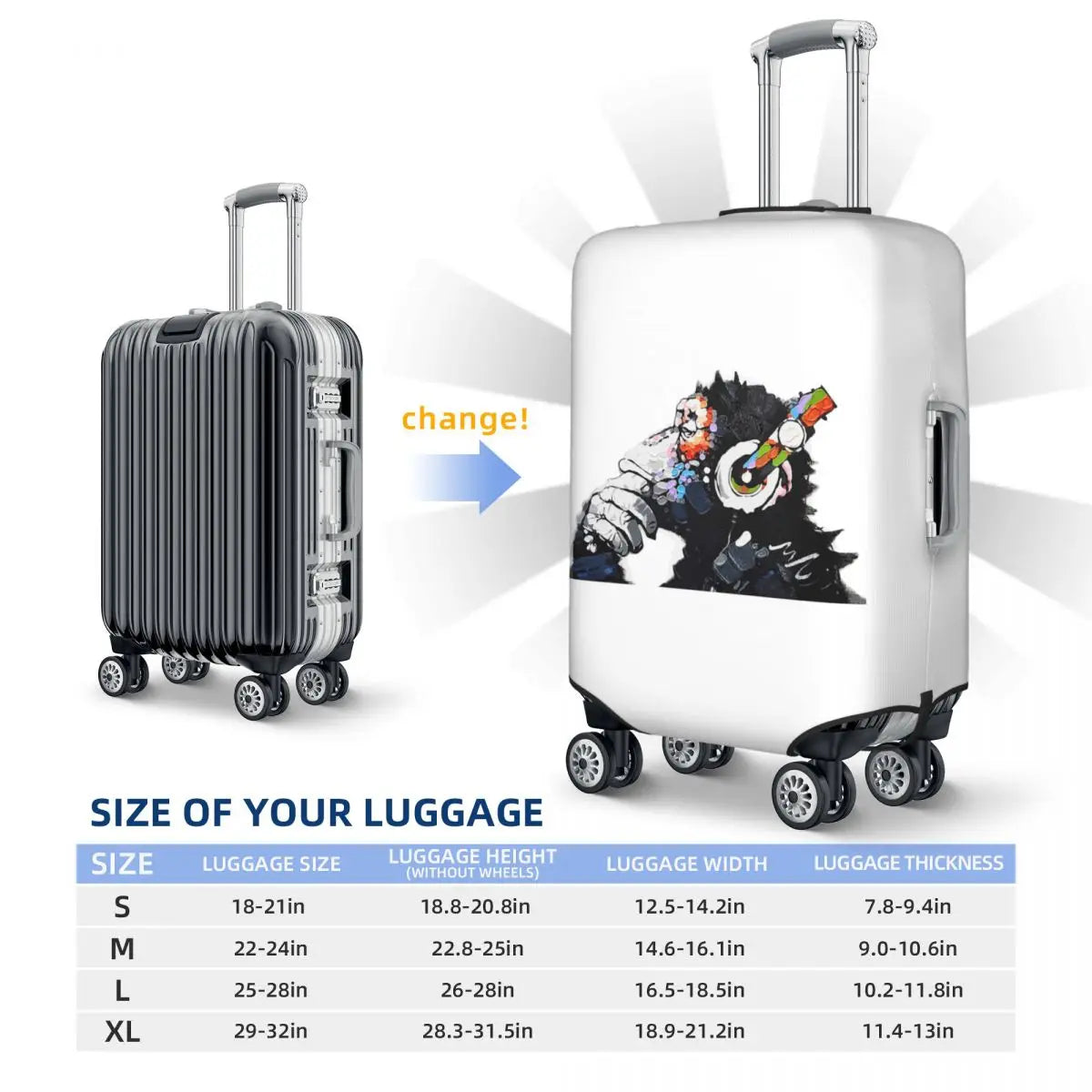 Banksy DJ Monkey Thinker With Headphones White Suitcase Cover Protection Elastic Travel Luggage Protector Covers for 18-32 Inch