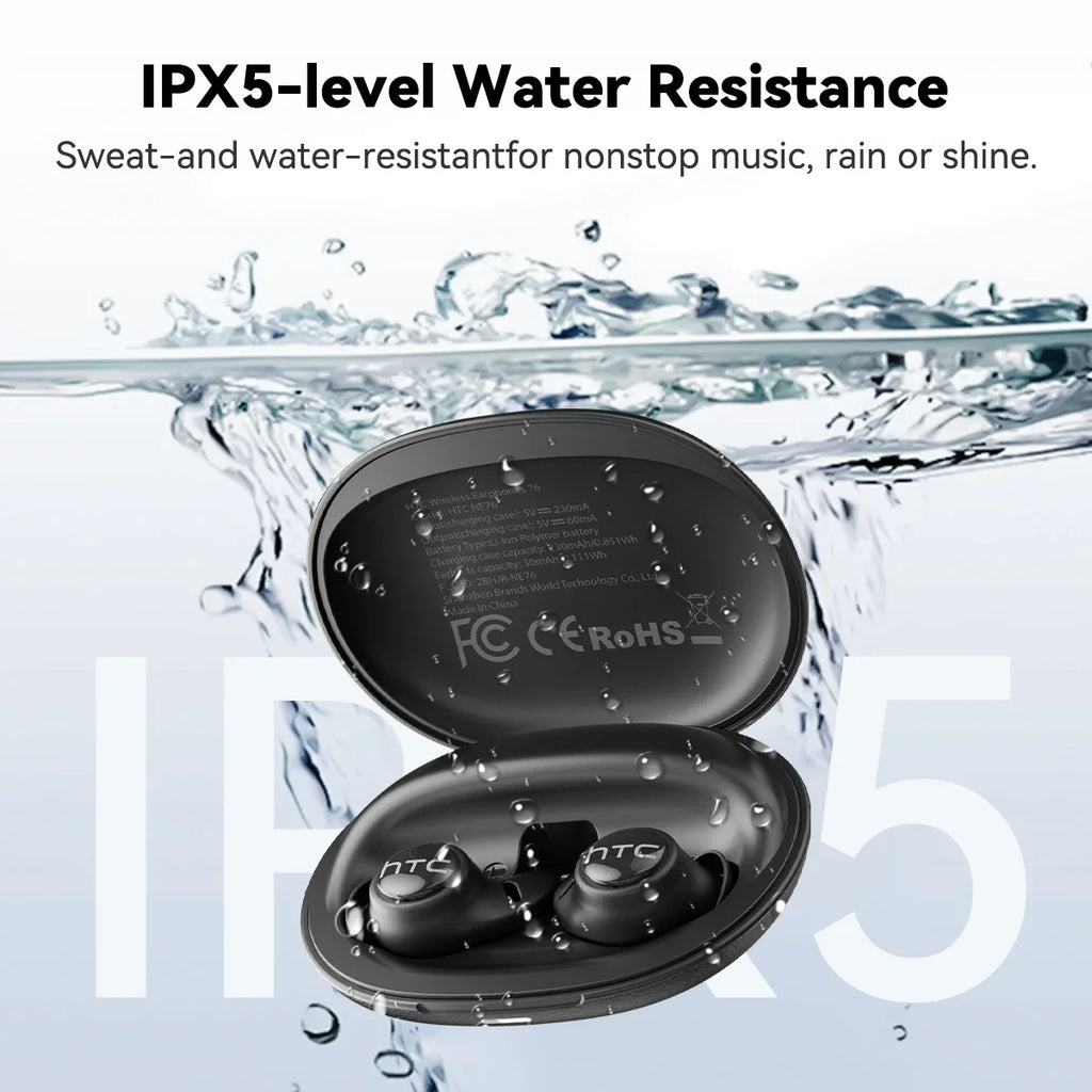 HTC NE76 Bluetooth Earbuds Mini Sleeping Earbuds for Wireless Earphones AI Translator, Noise Reduction Long Battery Headphones