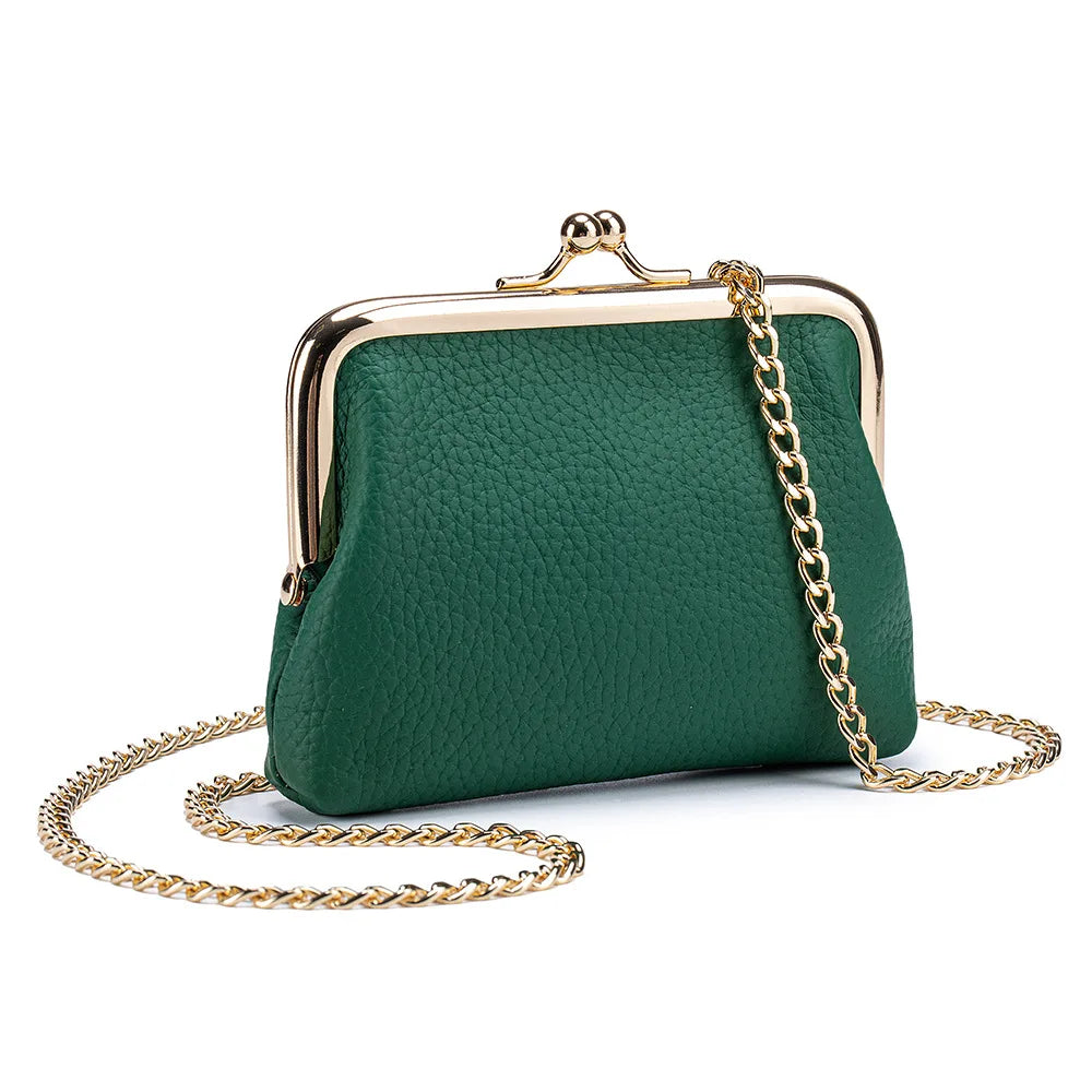 Women's Kiss Lock Crossbody Bag Genuine Leather Mini Handbags Kiss Clasp Crossbody Shoulder Bags Coin Purse Messenger Handbag