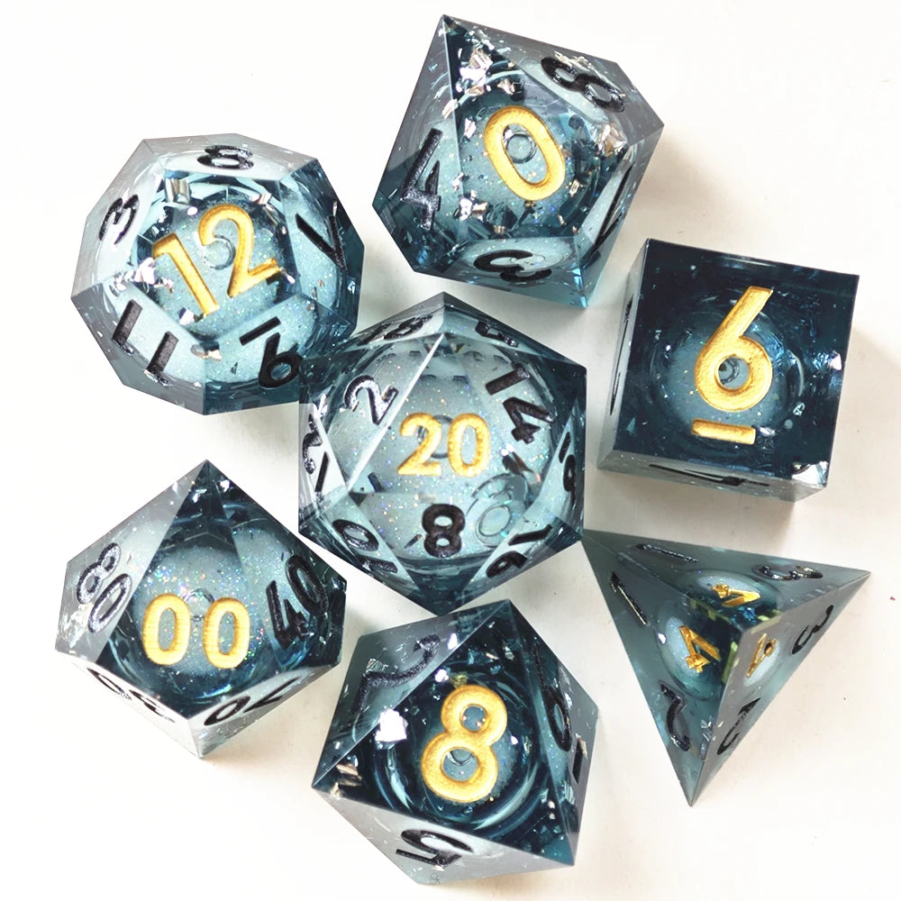 MINI PLANET Gold Sand Liquid Core Dice D&D Set Handmade Polyhedral Resin Dice With Sharp Edge For TRPG DND D6 D20 Dice Games