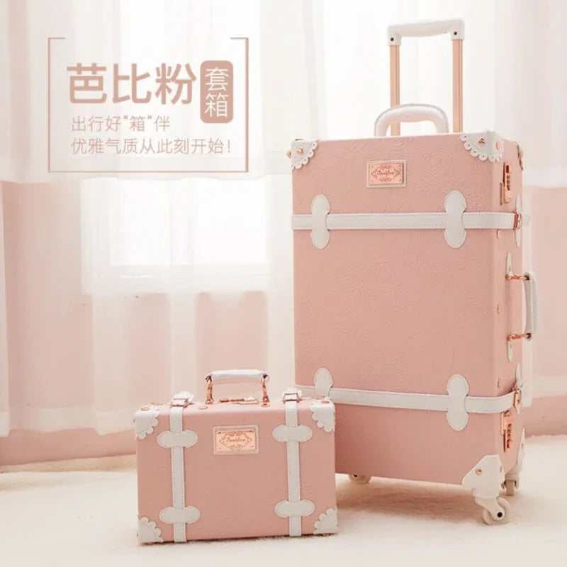 20 "22" 24 "26  Retro Travel Suitcase PU Leather Luggage Set With Wheels Rolling Trolley Case Pink Big Capacity Portable Valise