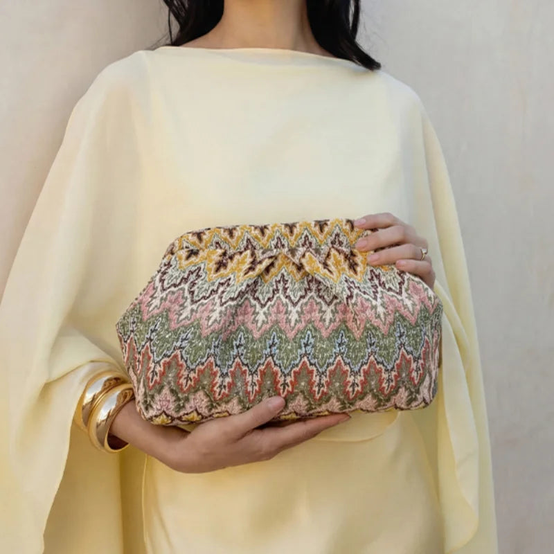 Summer Bohemian Women Evening Bag European American Fashion Clutch Bag Retro Jacquard Pleated Cloud Bags Portable Elegant Purse