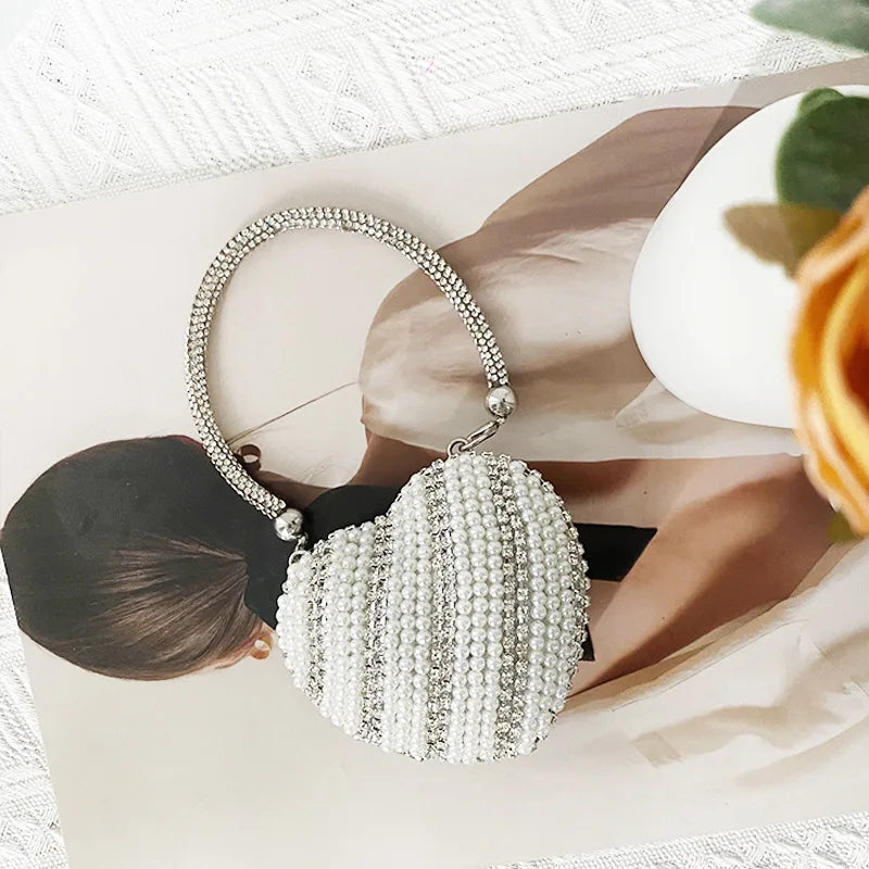 Heart Shaped Diamond Encrusted Glass Stone Evening Bag Women's Chain Handbag Stylish Crossbody Bag Elegant  Shape