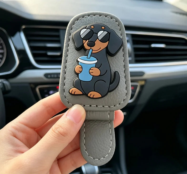Car Sun Visor Sunglasses Clip Cute Dachshund Dog Cup Leather Glasses Holder Auto Eyeglasses Storage Car Accessories