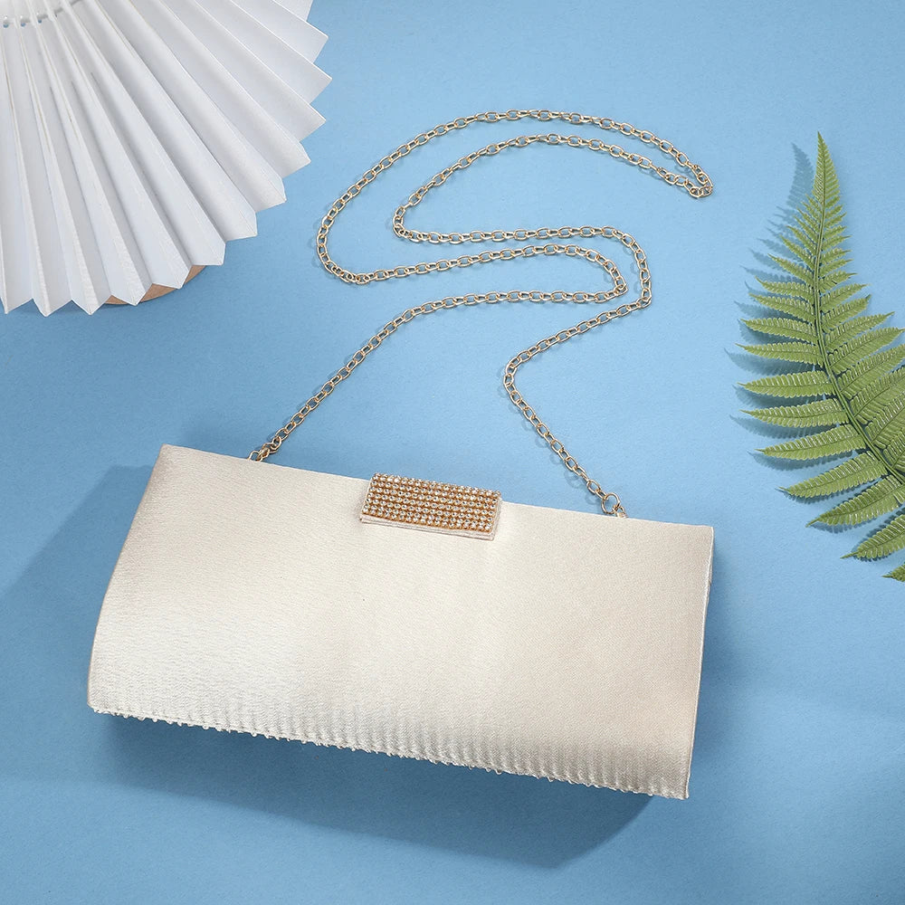 Popular Satin Clutch Bags Bridal Wedding Purse Shiny Pleated Crossbody Shoulder Handbag Rhinestone Evening Bags For Party