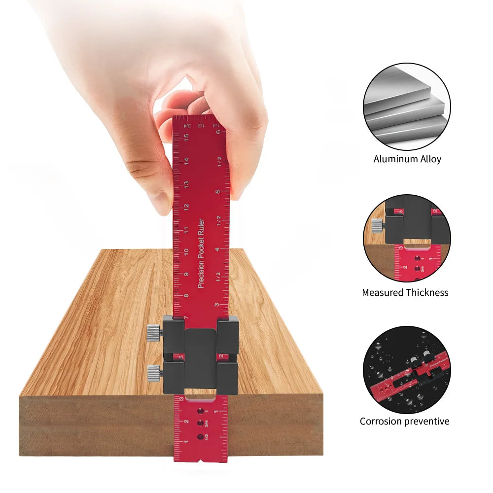 Woodworking Precision Pocket Ruler Slide Rule Inch and Metric T-Type Scribing Ruler Square Layout Tool With T-Track Slide Stops