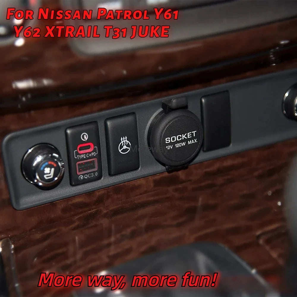 Red Light Car Quick Charger TYPE-C PD USB Interface Socket for Nissan Geniss LIVINA PATROL Y61 Y62 Note Pathfinder 2010 Interior
