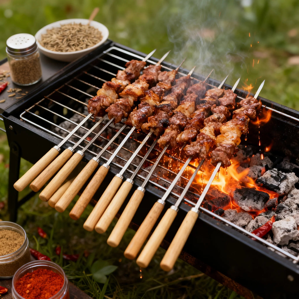 10/15/20 Flat Stainless Steel Skewers with Wooden Handles for Outdoor BBQ, Ideal for Chicken Wings Vegetables BBQ Accessories