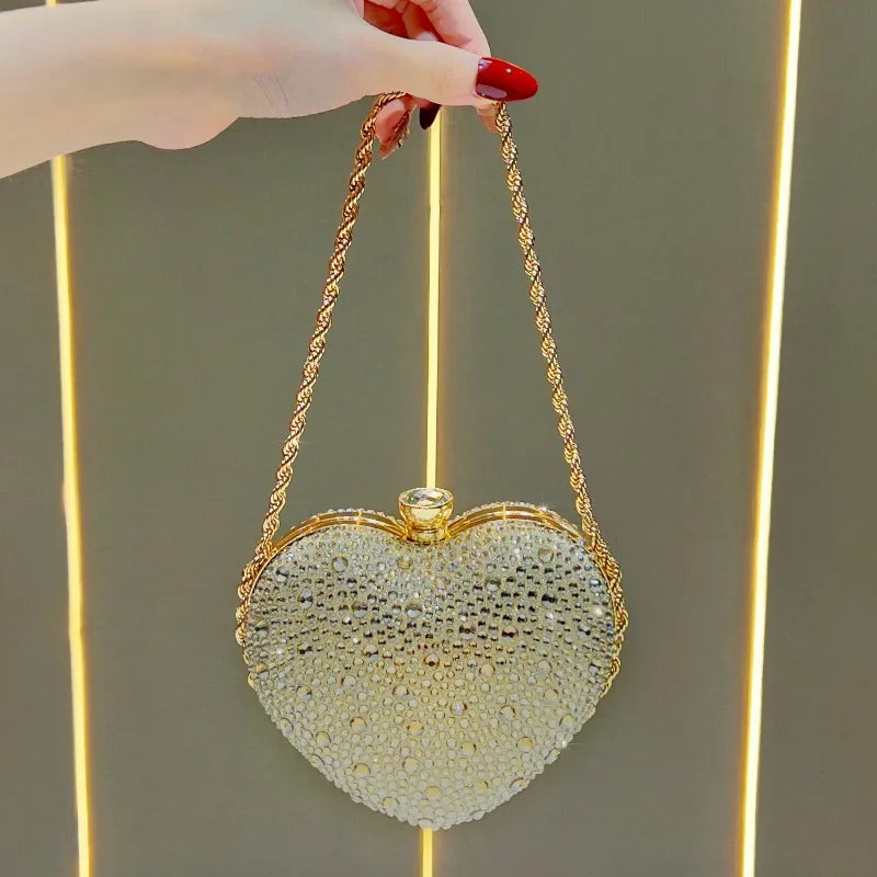 Dinner Handbag Luxury Brand Diamond-encrusted Dinner Party Women's Shoulder Bag Heart-shaped Fashion Shining Mini Women's Bag