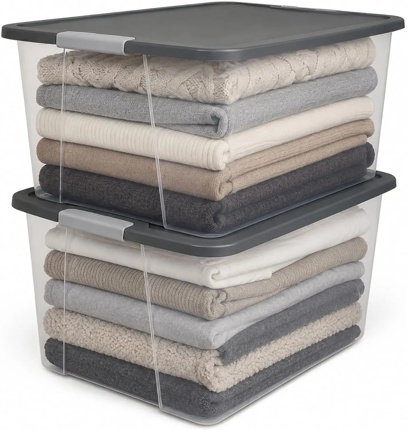 2-Pack Secure Latch, Clear Plastic Storage Organizer Bins, 64 Quart, Gray Lid - Heavy-Duty Container Boxes with Lids for Home, Office, and Garage