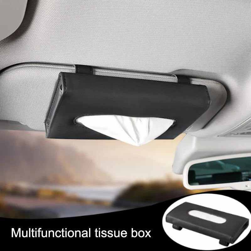PU Leather Car Sun Visor Tissue Box Holder with Hook-and-Loop Fastener, Auto Interior Storage Bag for Masks and Tissues,