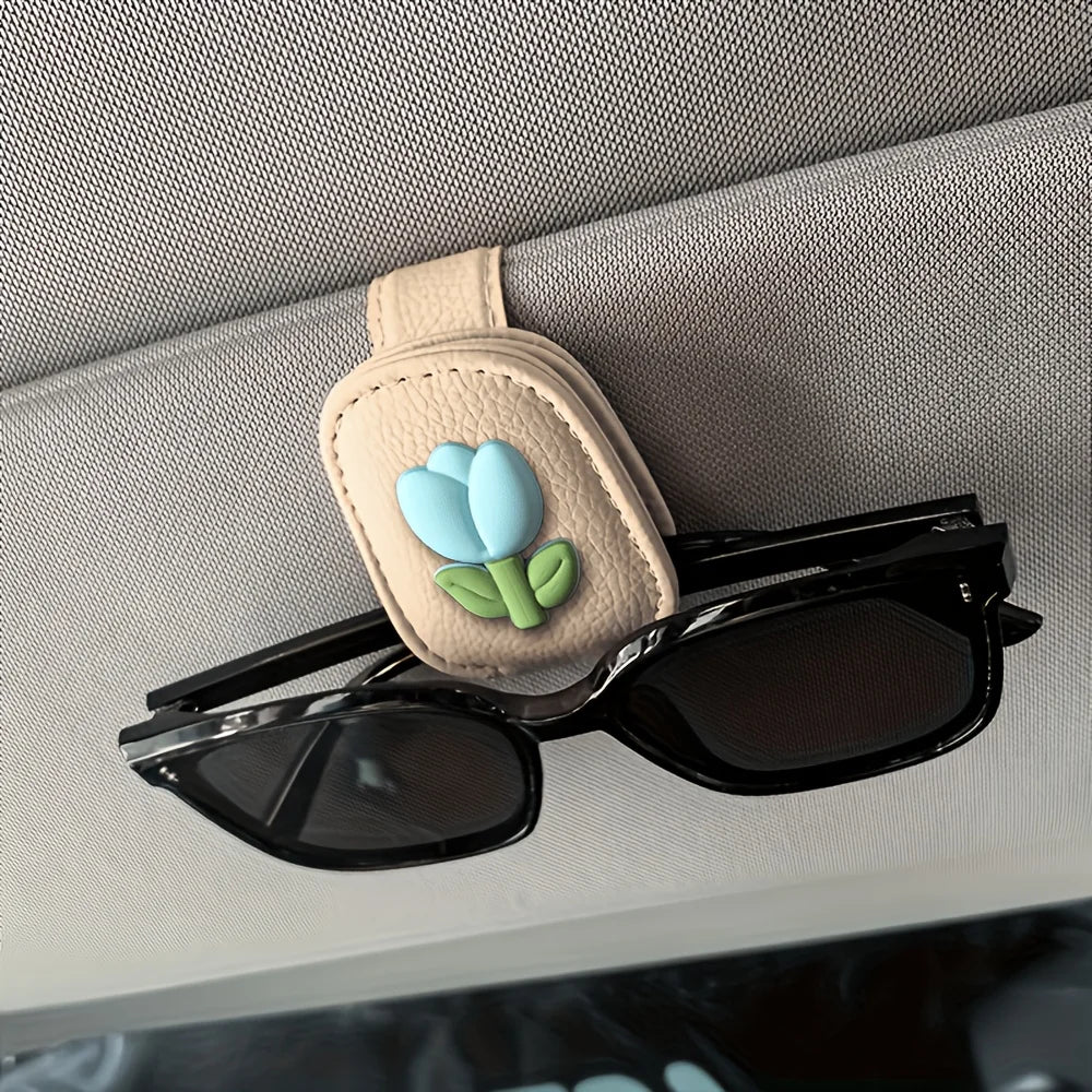 1pc Tulip Flower Car Sunshade Glasses Clip, Fashionable Sunglasses Magnetic Clip Bracket, Women'S Car Interior Additions