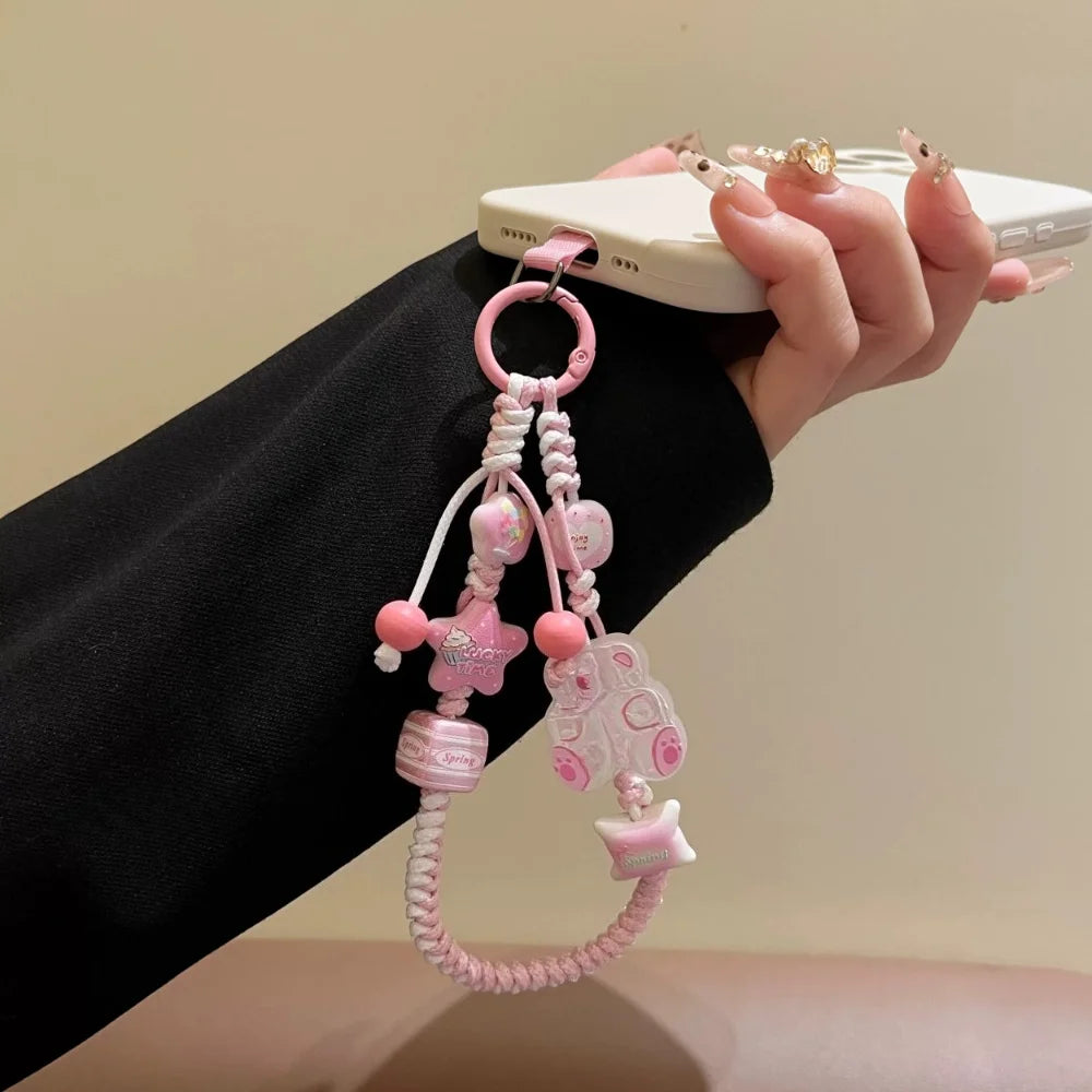 INS Sanrio Hello Kitty Sweet Pink Hand Woven Phone Case Wrist Strap Bead Keychain Bag Decor Pendant for Girl Woman Phone Lanyard