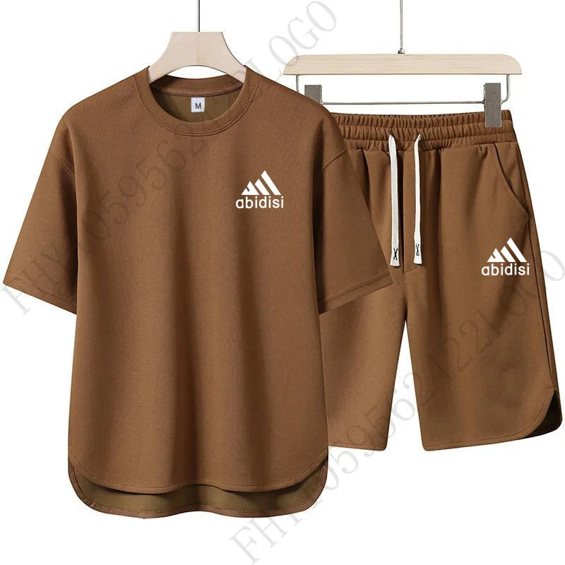Men's 2026 Summer New Product Two-Piece Printed Casual Fashion Set, Short-Sleeved T-Shirt with Drawstring Shorts, Sports Outfit