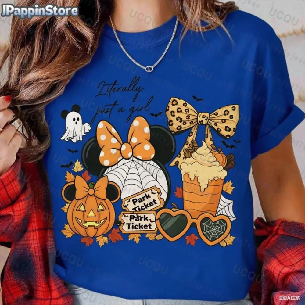 Pumpkin Mickey Halloween Short Sleeve Summer Sport Casual Women's Clothing Streetwear Classic Creative Pullover Y2K Streetwear