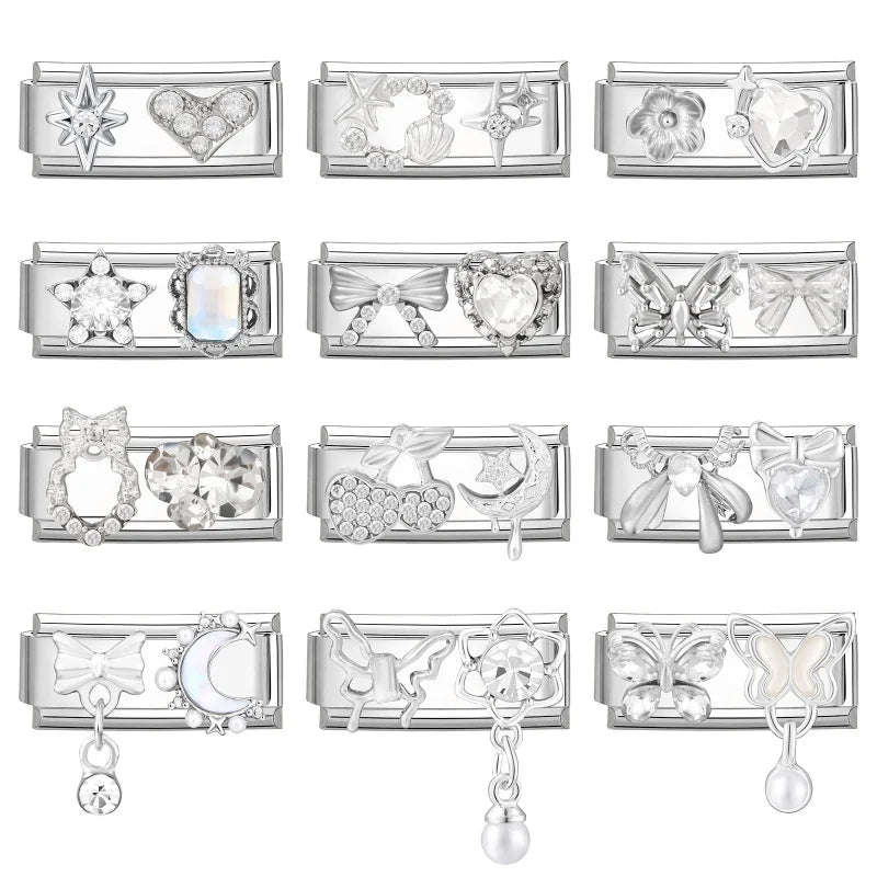 Y2K Zircon Pink Heart Star Butterfly Bow Long Italian Charm Link Fit 9mm Bracelet Stainless Steel Women DIY Making Jewelry Gifts