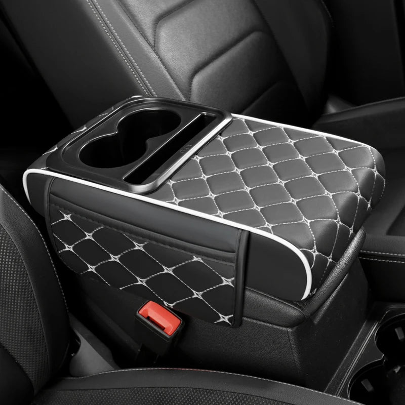 PU Leather Car Center Console Storage Height Pad with Cup Holder, Phone Card Slot, Dual Pockets or No Pocket Storage