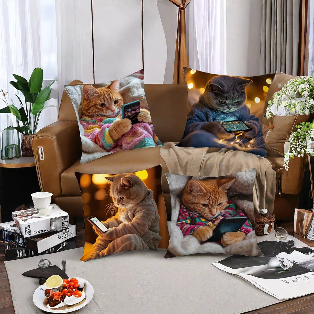 4-Piece Cute Theme Pillowcase Set – Featuring Cats Using Electronic Devices (Phones, Tablets, Laptops)