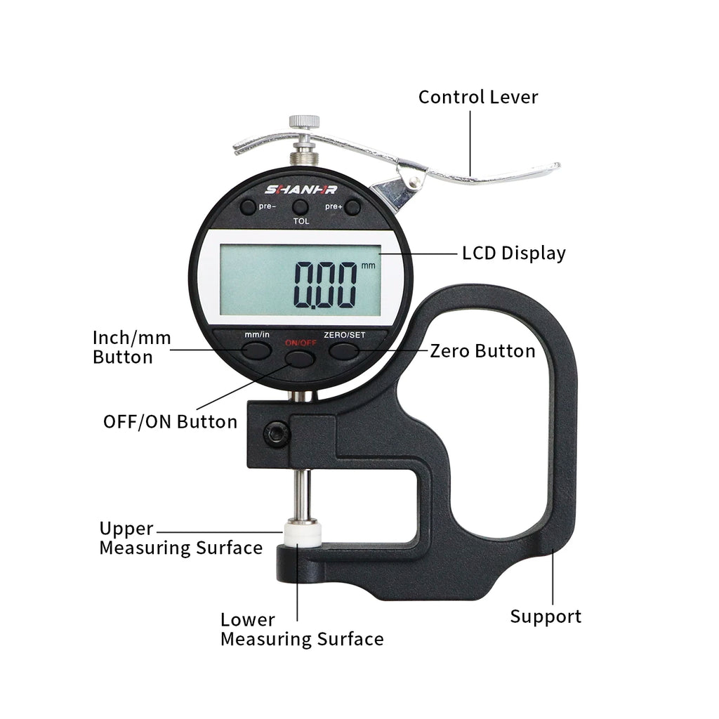 SHANHR Digital Thickness Gauge 0-10/0-25 mm, 0.01 mm Precision Measuring Tool for Leather and Glass