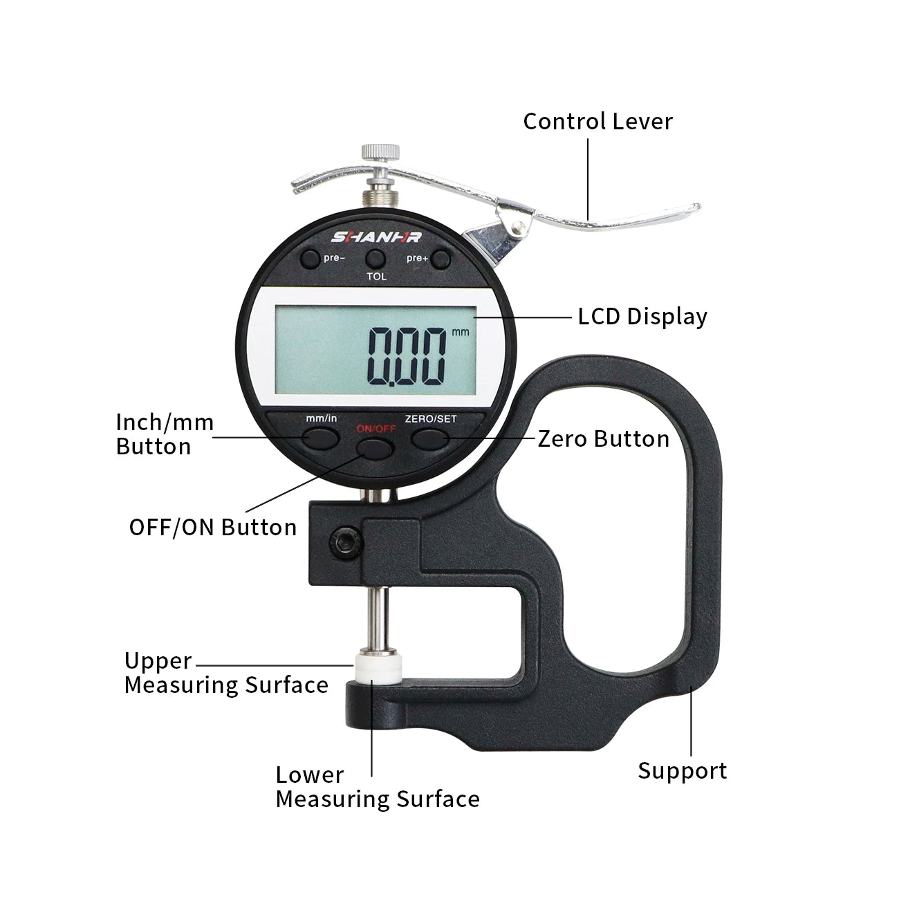 SHANHR Digital Thickness Gauge 0-10/0-25 mm, 0.01 mm Precision Measuring Tool for Leather and Glass