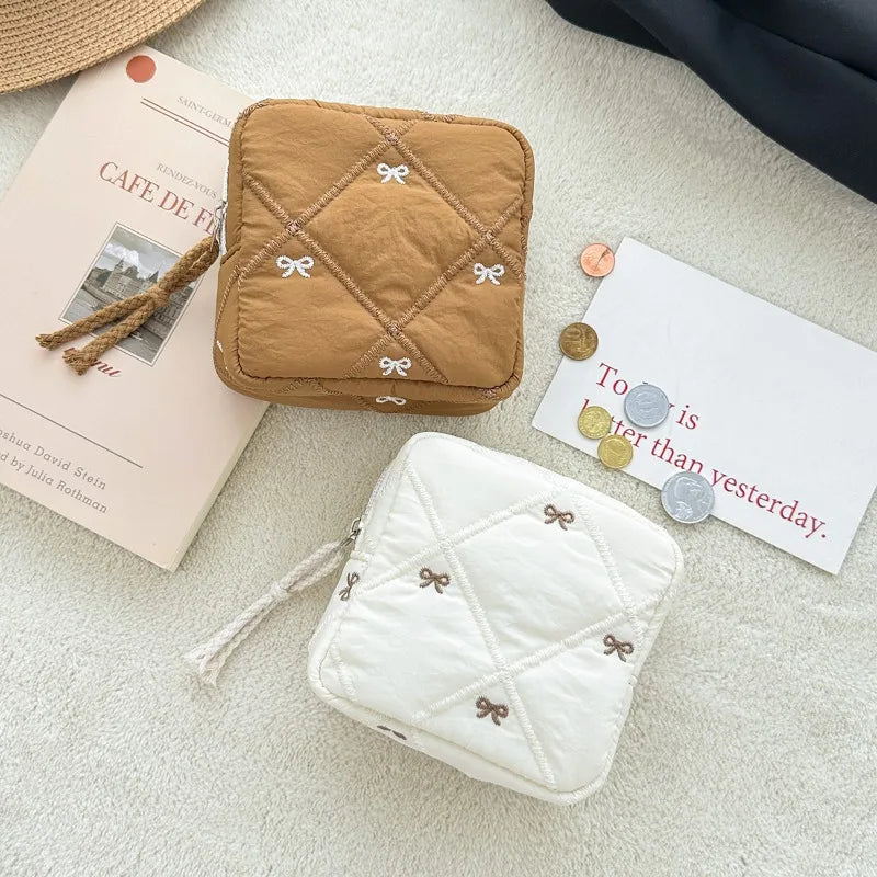 1pc Gift Bow Sanitary Napkin Organizer Bag Coquette Quilted Women's Mini Clutch Bag Cotton Keychain Earphone Coin Purse