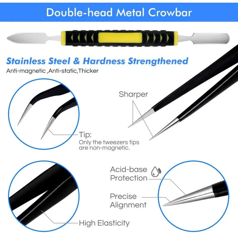 12Pcs/Set Precision Tweezers ESD Anti-static Stainless Steel Elbow Straight With Bag Repair Maintenance Tool Industrial Tweezers