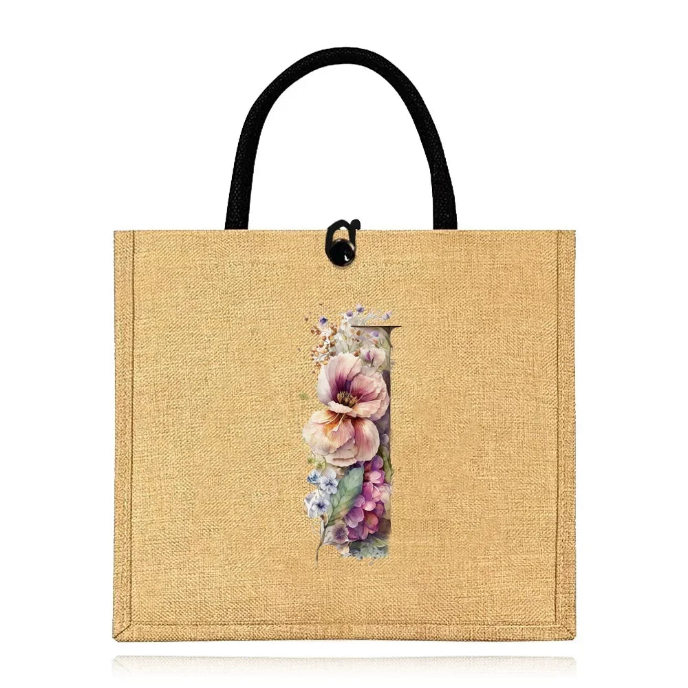 Flax Bag Fastener Handbag Organizer Storage Jute Tote Bags Imitation Cotton Women Valise Portable Floral Letter Printing Series