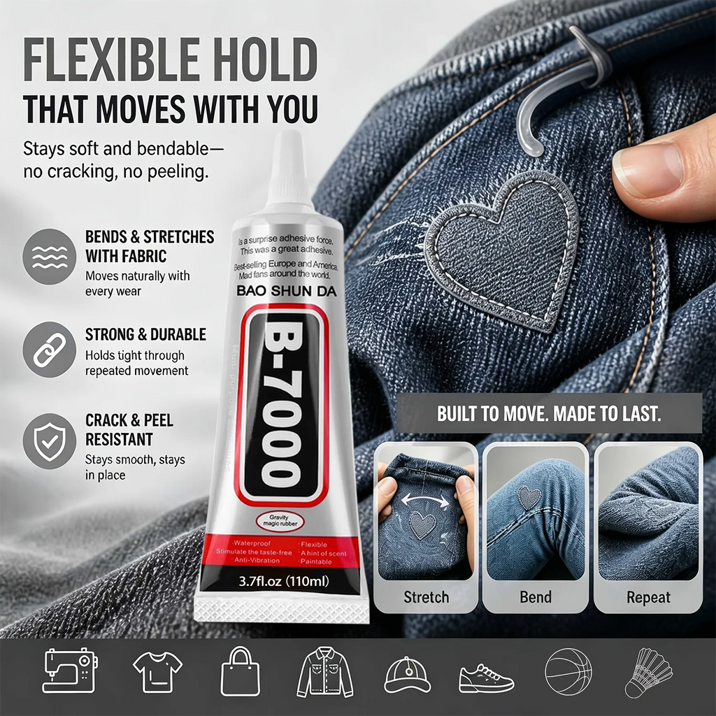 B-7000 Fabric Glue Permanent and Washable Adhesive, No-Sew Fabric Glue for Clothing, Denim, Polyester, Cotton, Flannel Materials