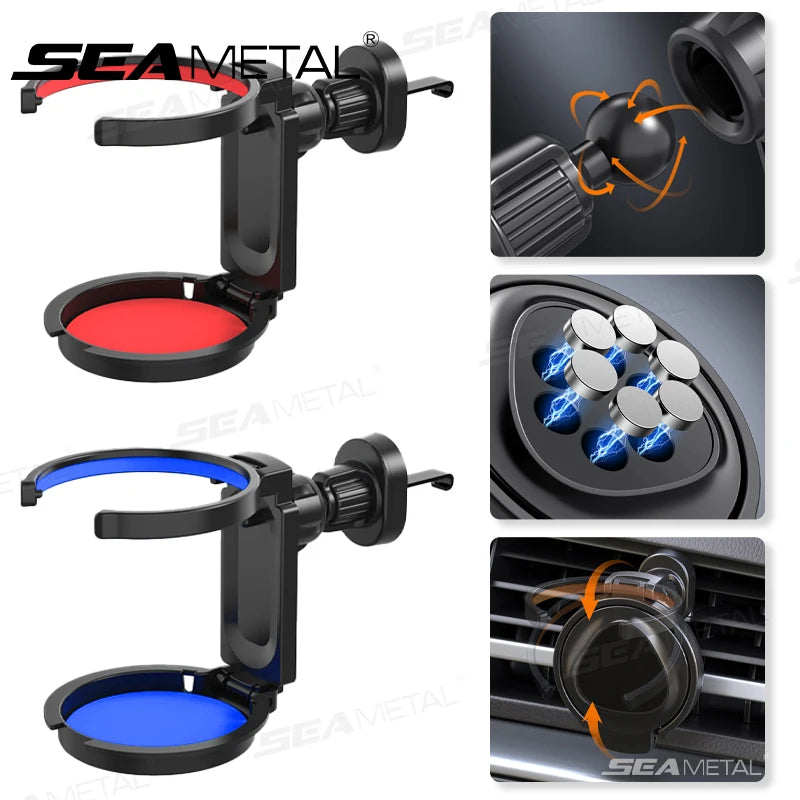 SEAMETAL Car Cup Holder Air Outlet Vent Magnetic Phone Mount 2 in 1 Foldable Drink Rack Phone Holder Water Bottles Stable Stand