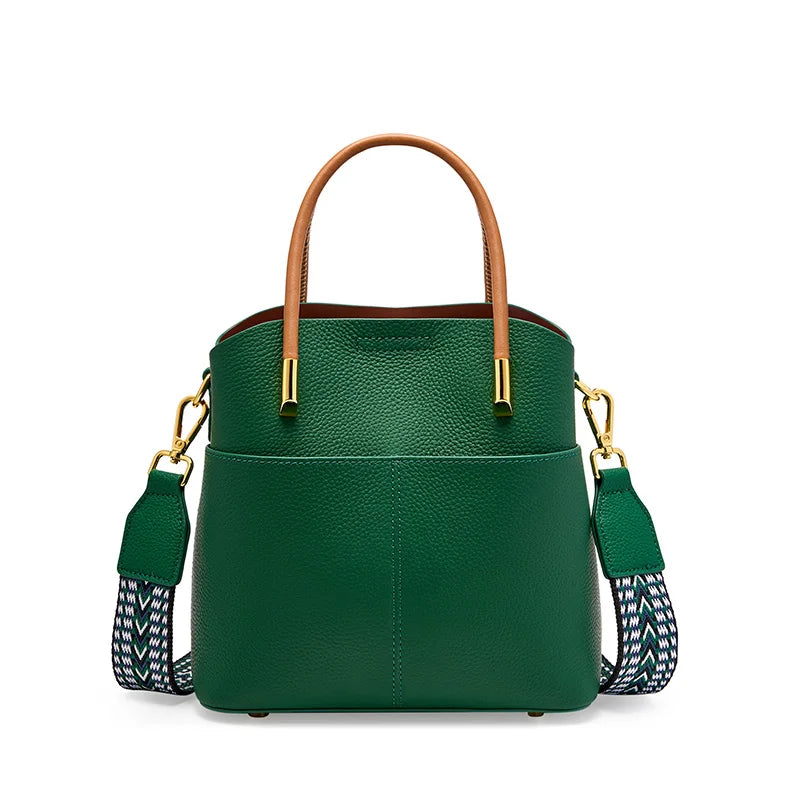 Zency Genuine Leather Top Quality Bucket Bag for Women Versatile Handbag Leather Tote Bag Green Crossbody Shopper Bags