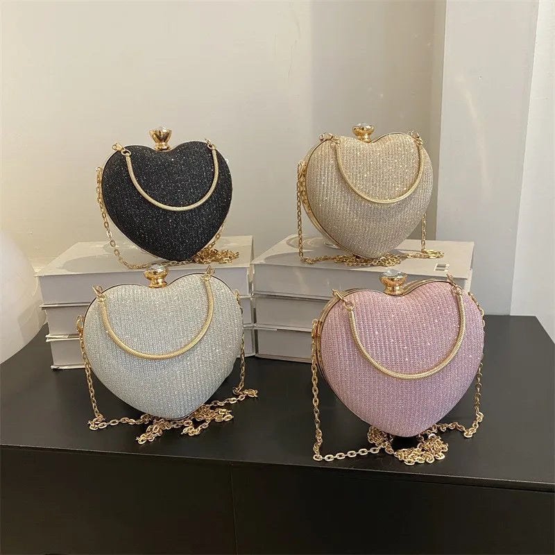 Evening Clutch Bag Women Shiny Handbag Heart Shape Metal Clutches Bag Fashion Chain Shoulder Crossbody Bags Luxury Lady Purse