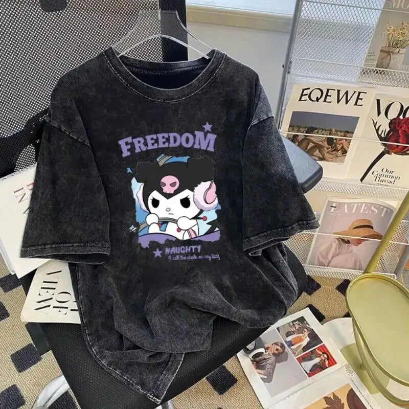 Kuromi Summer New T-Shirt Men and Women American Retro Washed Cotton Loose Distressed Short-Sleeved T-Shirt Tops Cartoon Print