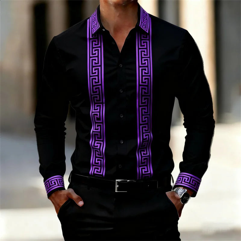 Men's Retro Geometric Print Shirt, Stylish Long-Sleeve Black Shirt, Business Casual Men's Top