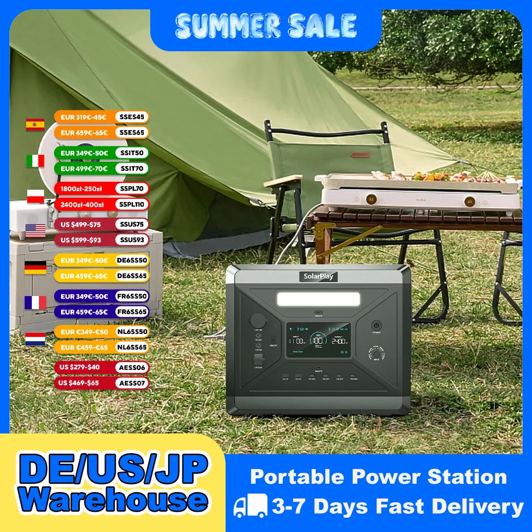 SOLARPLAY Q2501 Portable Power Station 2160WH LiFePO4 Battery with 2400W (4800W Peak) AC Output Solar Generator for Garden Party