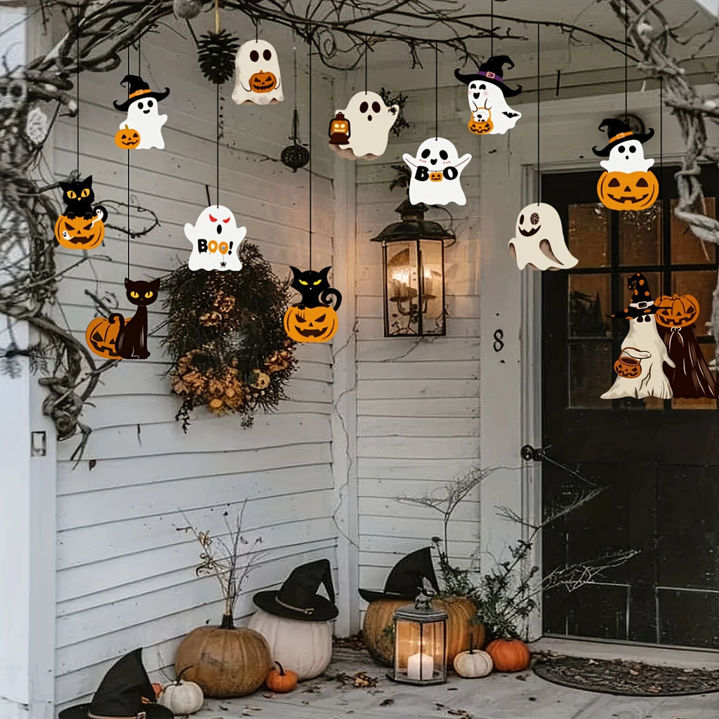 12pcs Halloween Theme Cute Pumpkin Black Cat Ghost Design Paper Halloween Ghost Decorations