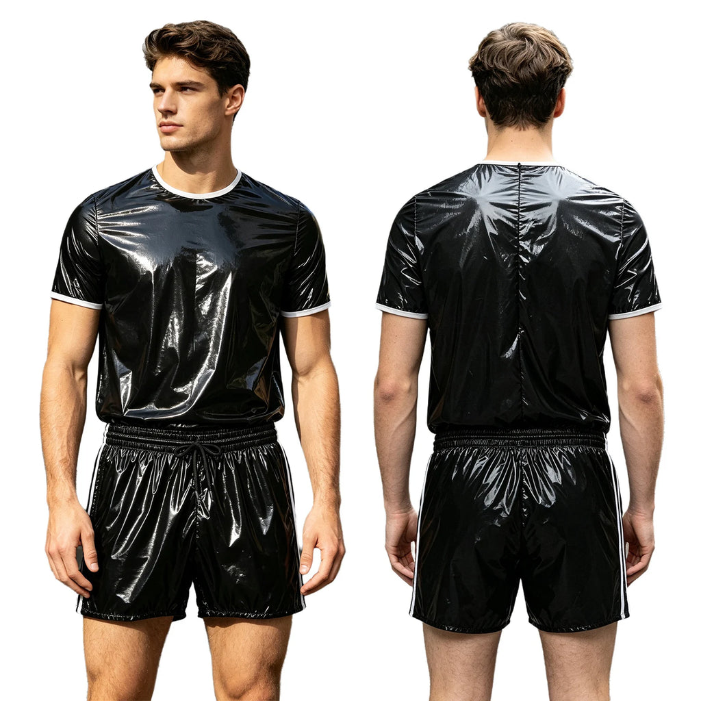Men Glossy Waterproof Outfit Short Sleeve T-shirt Top with Shorts Built-in Briefs Swimwear Beachwear Clubwear Cycling Sportswear