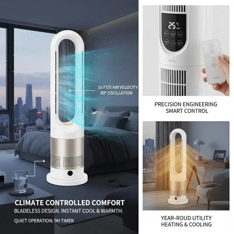 Bladeless Column Fan 40-Inch For Bedroom Office Home, 16ft/s Velocity Hot Cold Airflow 80° Oscillation 8 Speeds 9H Timer Remote Control Vertical Floor Fan