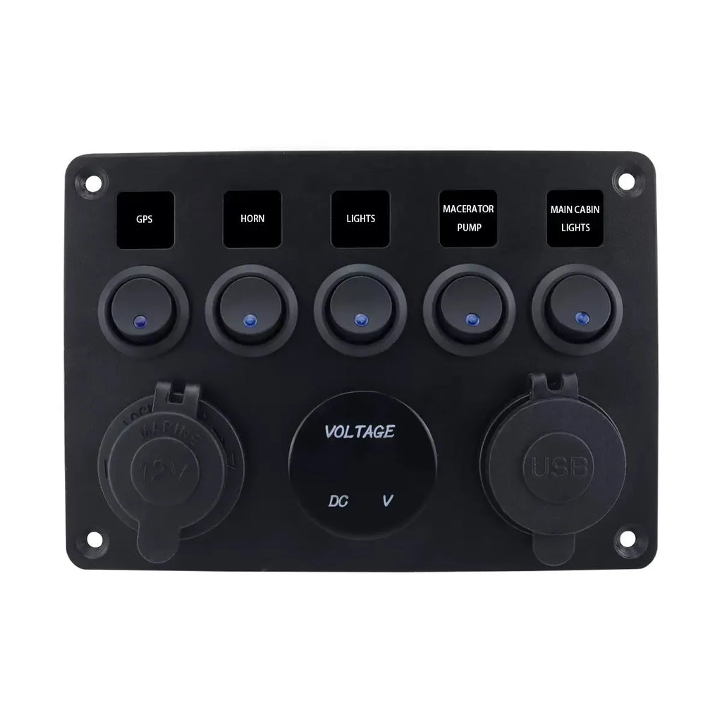 5-Gang Cat Eye Blue LED Switch Panel for Yacht & RV, Marine Boat Switch with USB & Cigarette Lighter
