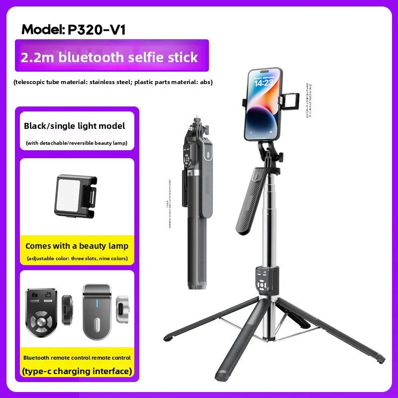 P320 Long Stainless Steel Selfie Stick, 4-Leg Bluetooth Phone Tripod Stand with Dual Remote for Live Streaming and Photography